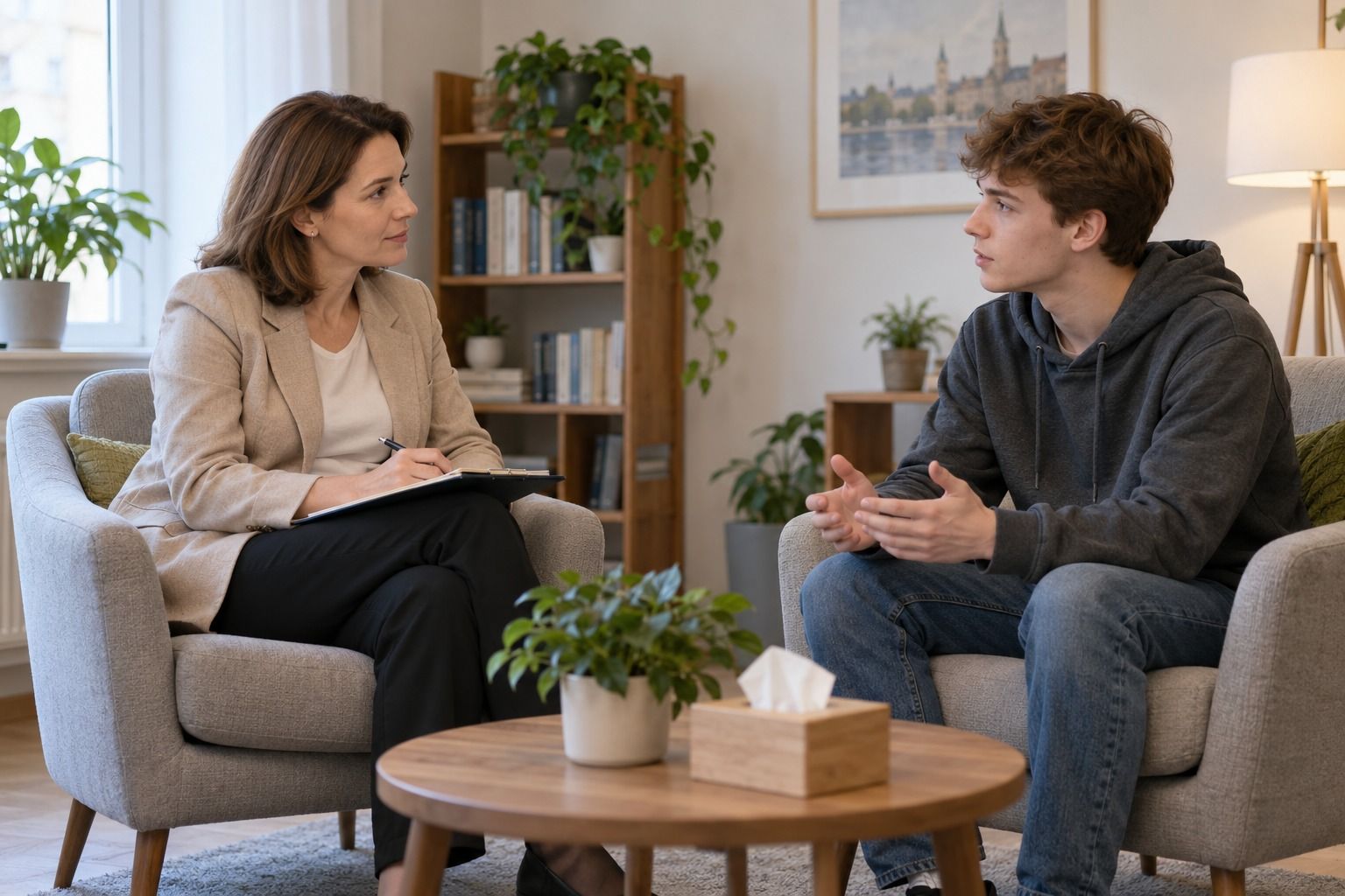 Молодой человек беседует с психологом в консультационном кабинете